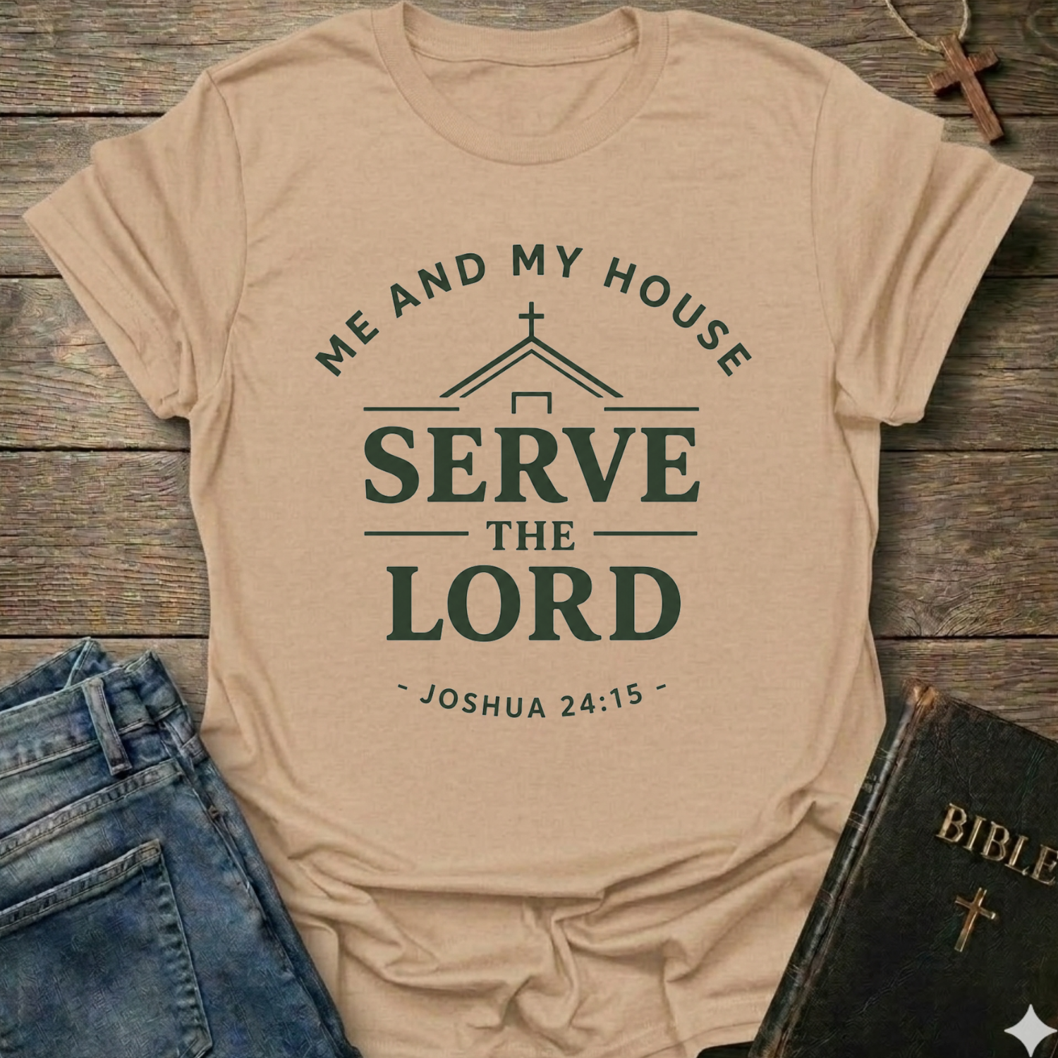 Natural t-shirt with Me and My House Serve the Lord | Joshua 24:15 Faith Forward text on a wooden surface with jeans and a Bible.