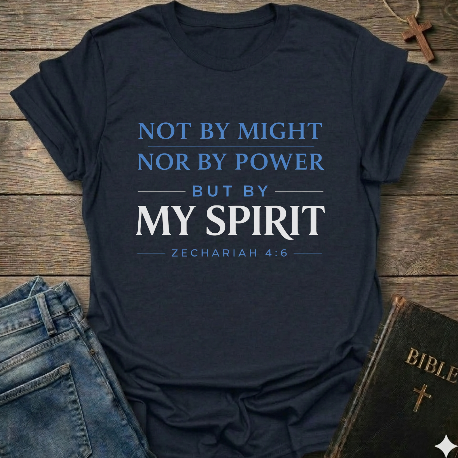 Navy blue Christian T-Shirt with text Not by Might but by My Spirit  Zechariah 4:6 faith apparel conversation starter inspirational quote on a wooden surface with jeans and a Bible.