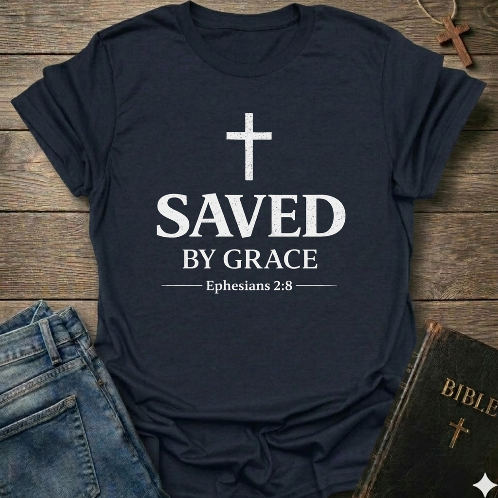 Navy blue Christian t-shirt with 'Saved by Grace' text and cross reference Ephesians 2:8 scripture faith apparel conversation starter  on a wooden surface with jeans and a Bible. 
