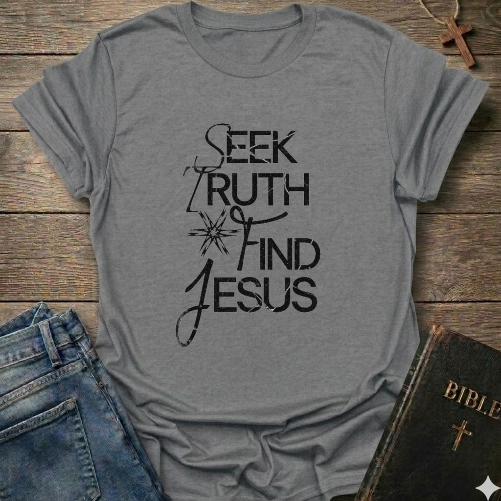 Gray t-shirt with 'Seek Truth Find Jesus' text on a wooden surface with jeans and a Bible. Bold typography faith apparel conversation starter.
