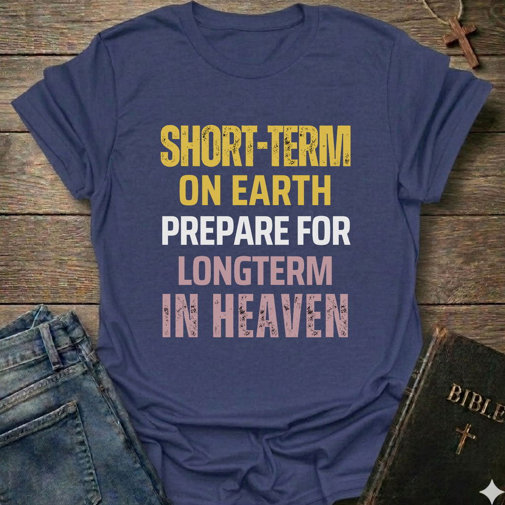 Purple  t-shirt with text "Short Term on Earth Prepare for Long Term in Heaven" Christian T-Shirt bold faith apparel conversation starter, on a wooden surface with jeans and a Bible.