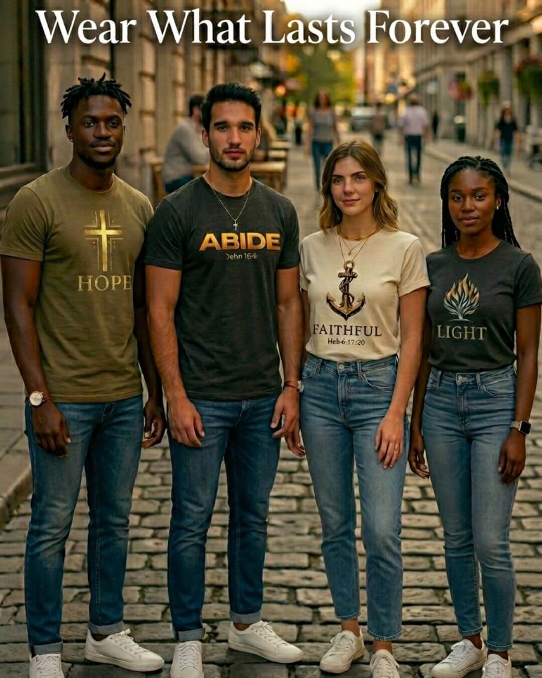 Four people standing together on a cobblestone street wearing graphic t-shirts with religious symbols and words: 'HOPE', 'ABIDE', 'FAITHFUL', and 'LIGHT'. The text 'Wear What Lasts Forever' is displayed at the top of the image.