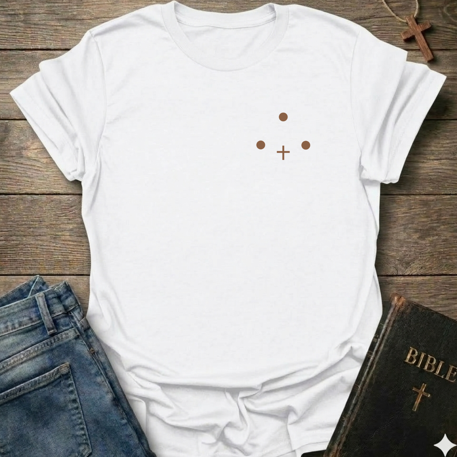White t-shirt with Three Dots and a Cross Minimal Christian T-Shirt conversation starter faith apparel on a wooden surface with jeans and a Bible.