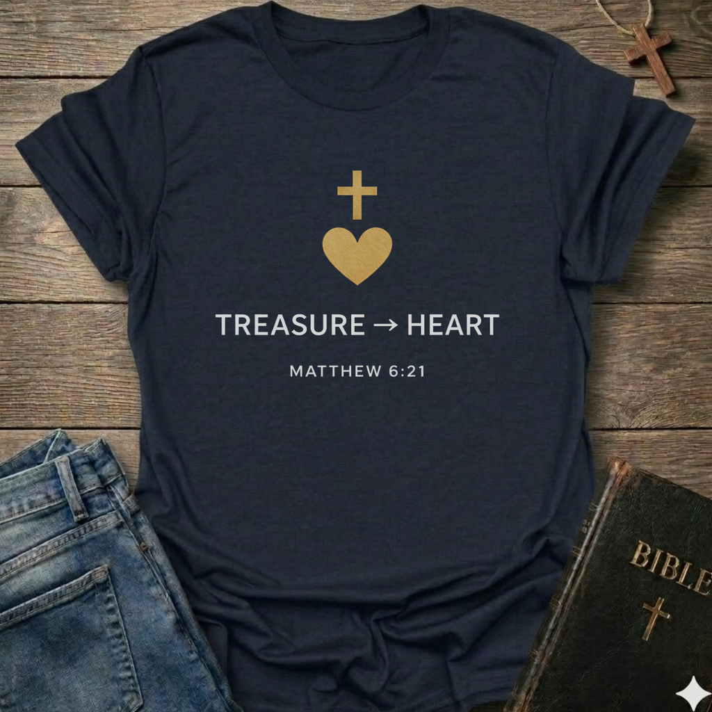 Treasure Heart Christian T-Shirt Matthew 6:21 gold cross faith apparel conversation starter