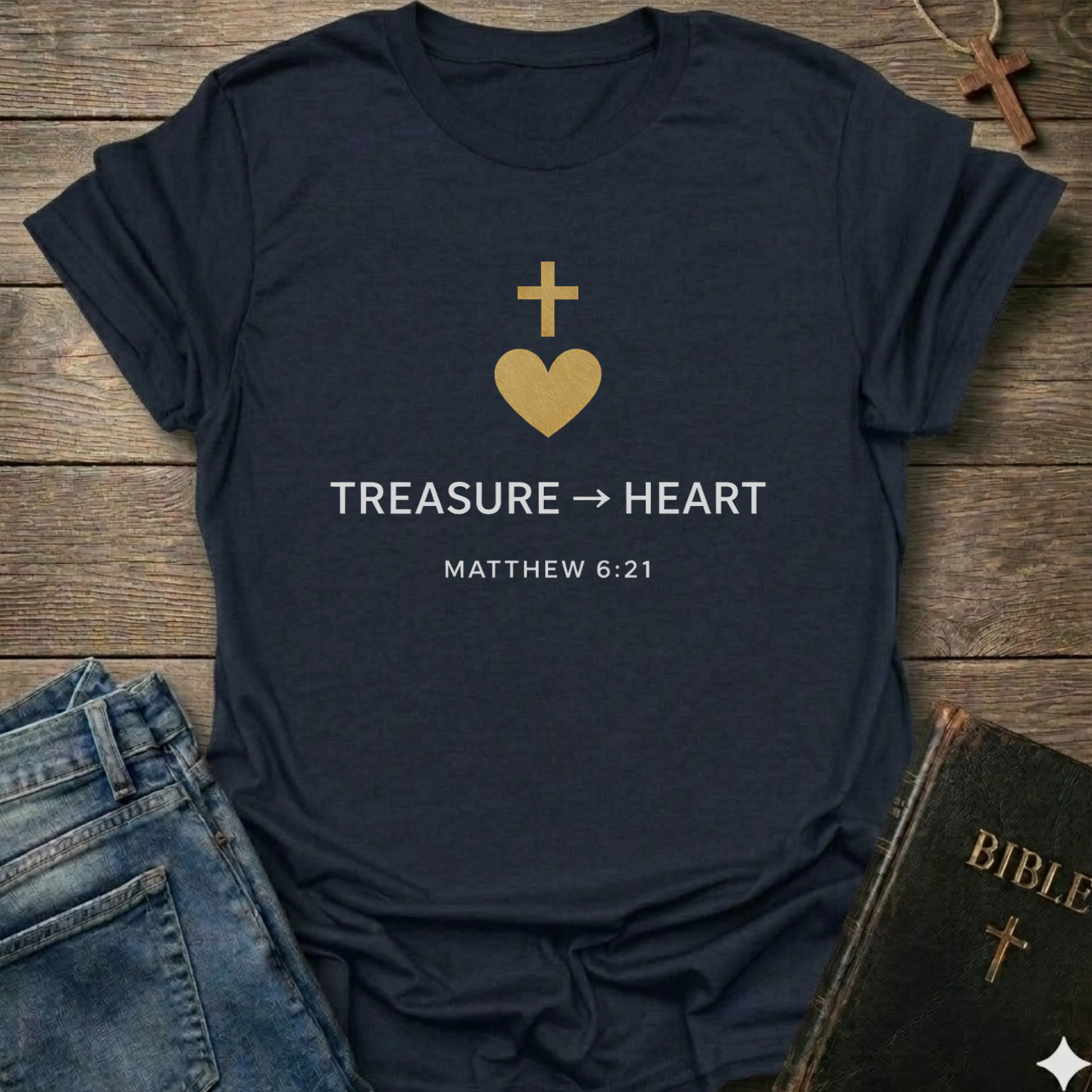 Treasure Heart Christian T-Shirt Matthew 6:21 gold cross faith apparel conversation starter