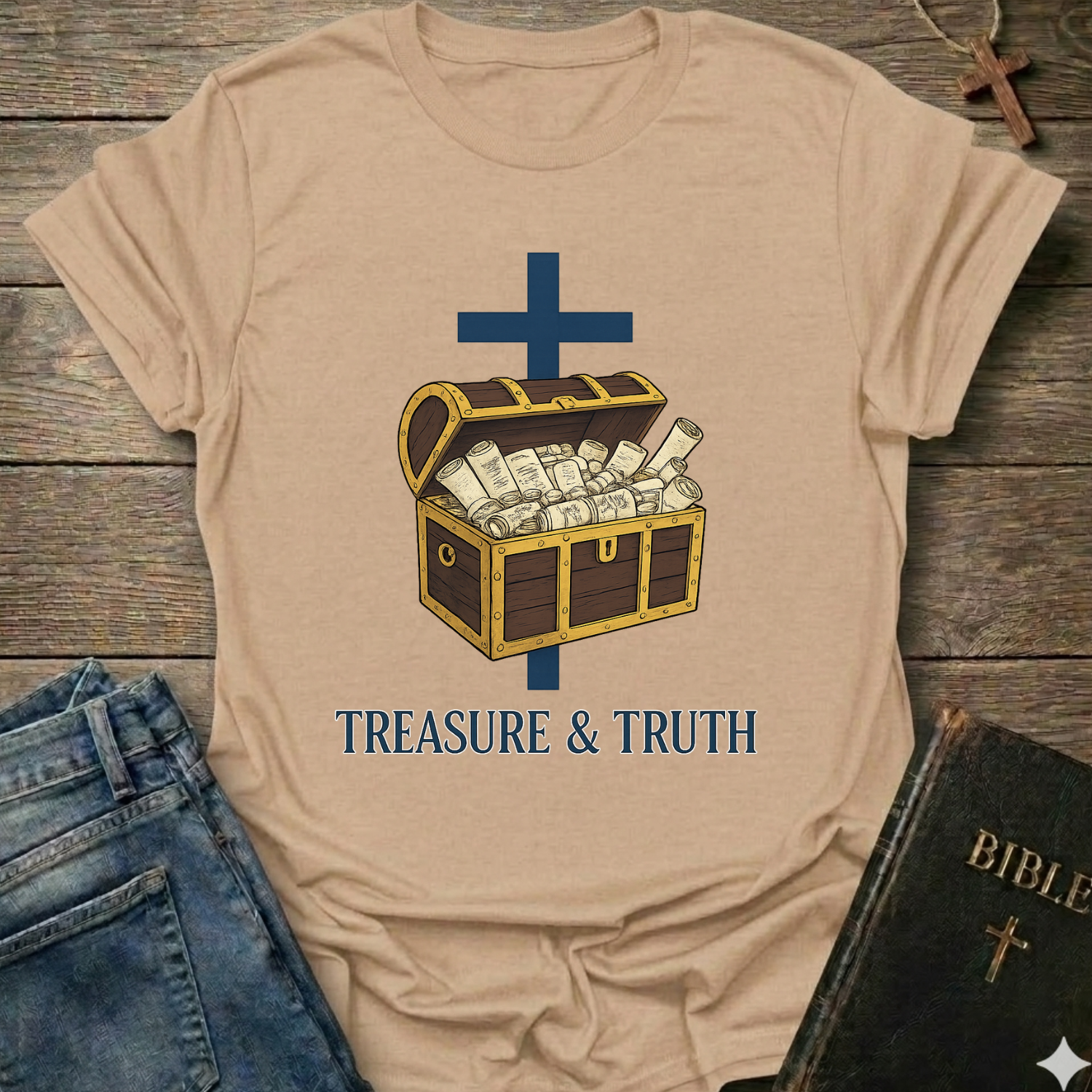 Treasure and Truth Brand Signature Christian T-Shirt cross scripture chest faith apparel conversation starter